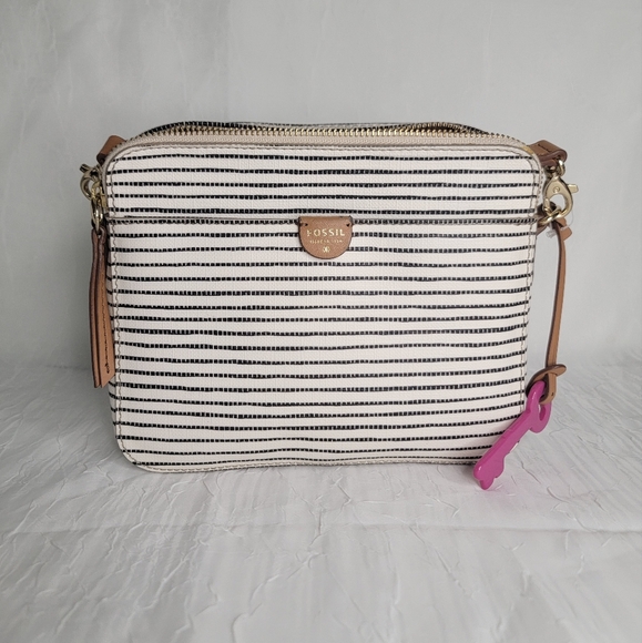 Fossil Handbags - Fossil Sydney double zippered black & white crossbody purse tan strap